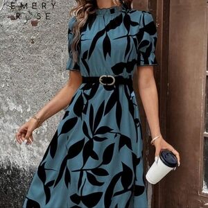 Black and Blue Leaf Print Dress